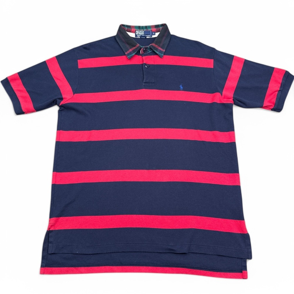 Vintage Ralph Laurn Polo Shirt Mens Size Large Flannel Collar Blue Red Striped